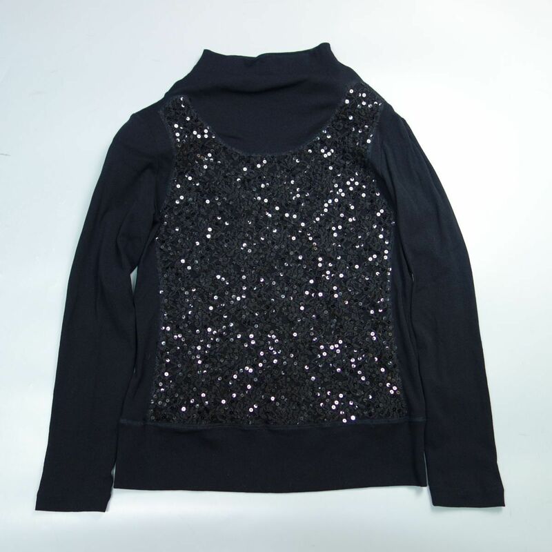 極美品 VALENZA バレンザ 日本製 スパンコールデザインハイネックハイゲージニットカットソー 長袖Tシャツ 40 ブラック レディース