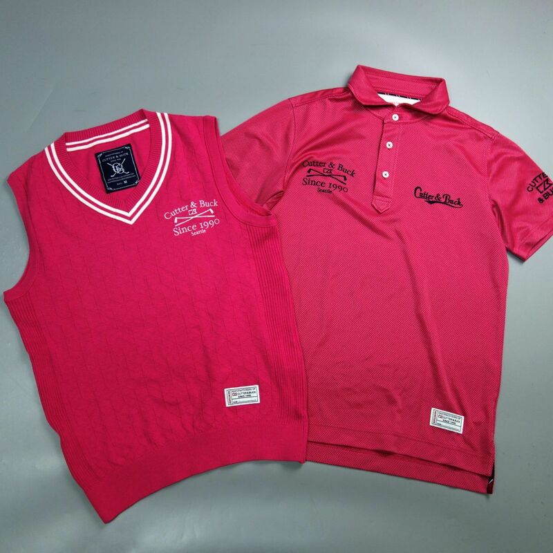 美品 2点おまとめ カッター＆バック ストレッチ 半袖ポロシャツ ニットベスト ピンク メンズ M ゴルフウェア