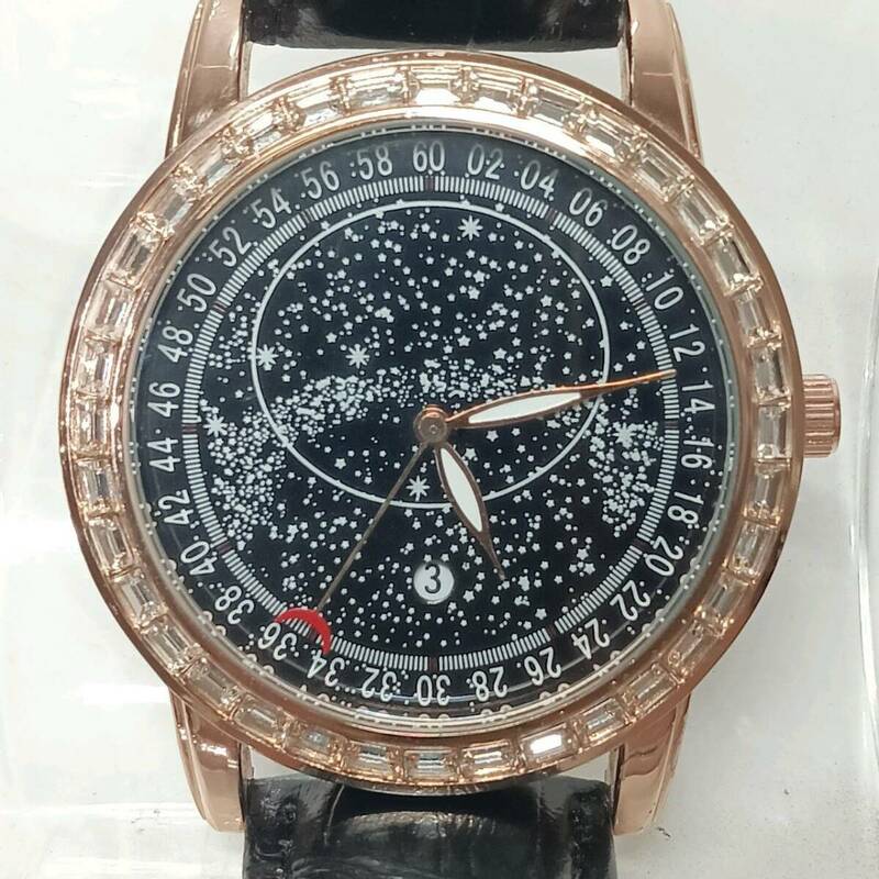 満天の星空 腕時計 アナログ 本革ベルト ゴールド ブラック クォーツ式
