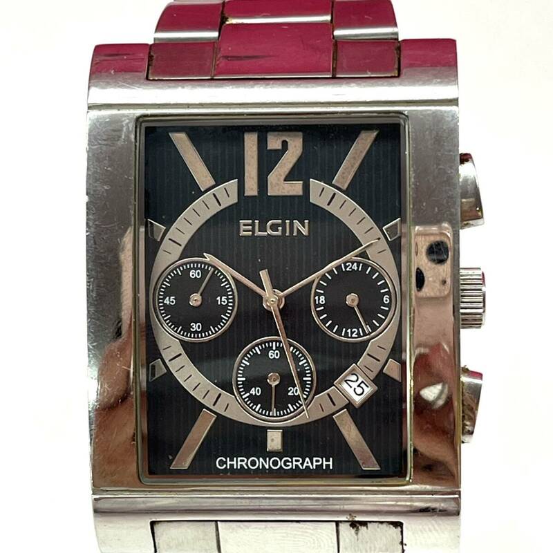 Z231-C1-1047◎ ELGIN エルジン メンズ腕時計 FK-1327-SL デイト クロノグラフ 黒文字盤