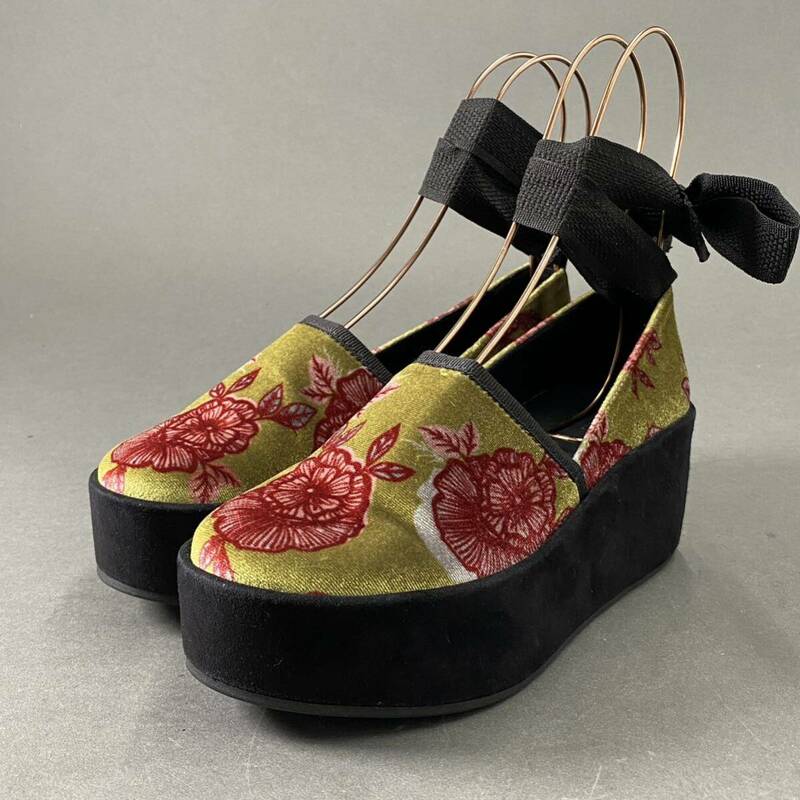 Be8《美品》イタリア製 FURLA フルラ ベロア素材 花柄 厚底シューズ パンプス リボンストラップ 36（23cm相当）レディース 女性用 靴