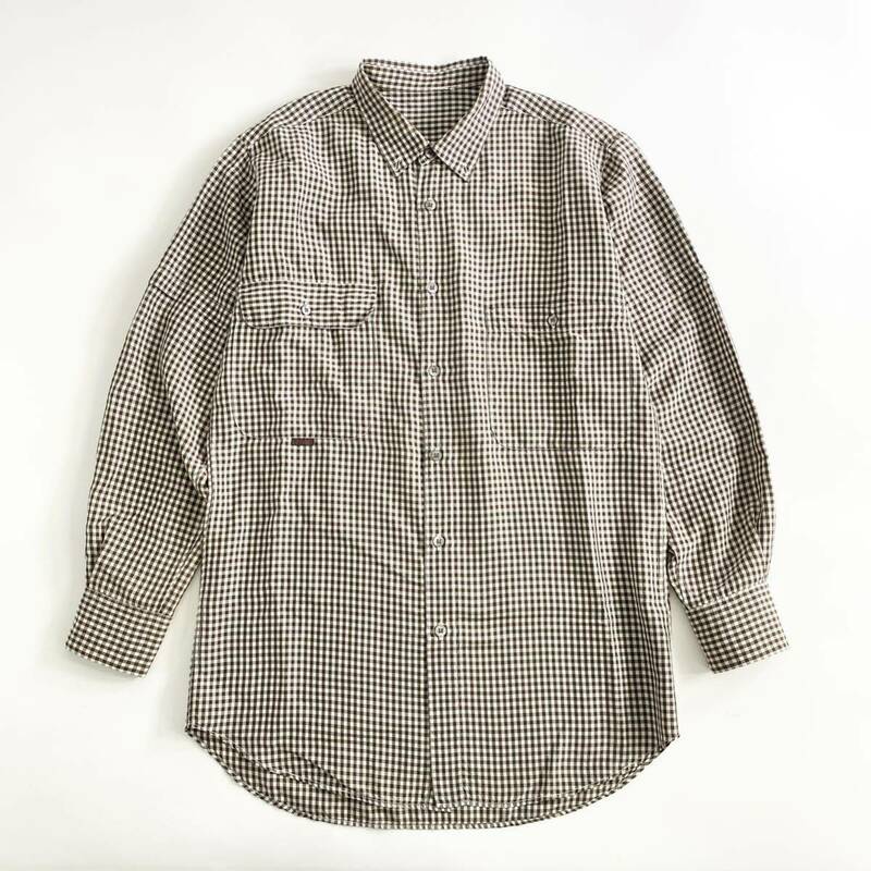 Ge24 日本製 Papas パパス 長袖シャツ チェックシャツ ボタンダウンシャツ シルク100% M ブラウン×ホワイト メンズ 紳士服 男性用
