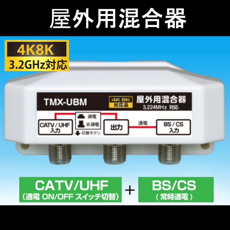 【送料無料】 4K/8K対応 / 屋外用混合器 (BS/CS + CATV/UHF) / アンテナマスト取付金具+防水キャップ付/ 混合器 
