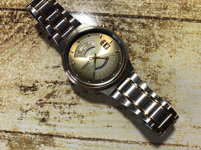 良品 ORIENT オリエント multi-year calendar 46D001-92 万年カレンダー シャンパン ゴールド系 純正ブレス AUTO 自動巻 メンズ 腕時計 