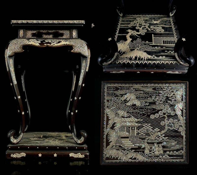 【寧】中国美術 時代 唐物 細密螺鈿図 超美品 螺鈿卓 花台 飾台 平卓 (60 a050728 0)