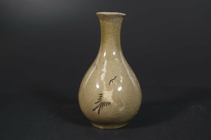 【和】(9382)　時代古作　李朝　高麗青磁　白黒象嵌瓶　花生