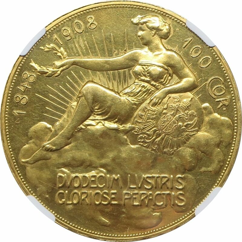 【★雲上の女神★】 1908 オーストリア 100コロナ金貨 フランツ・ヨーゼフ1世 60周年記念金貨 PF60 NGC 鑑定済みアンティークコイン
