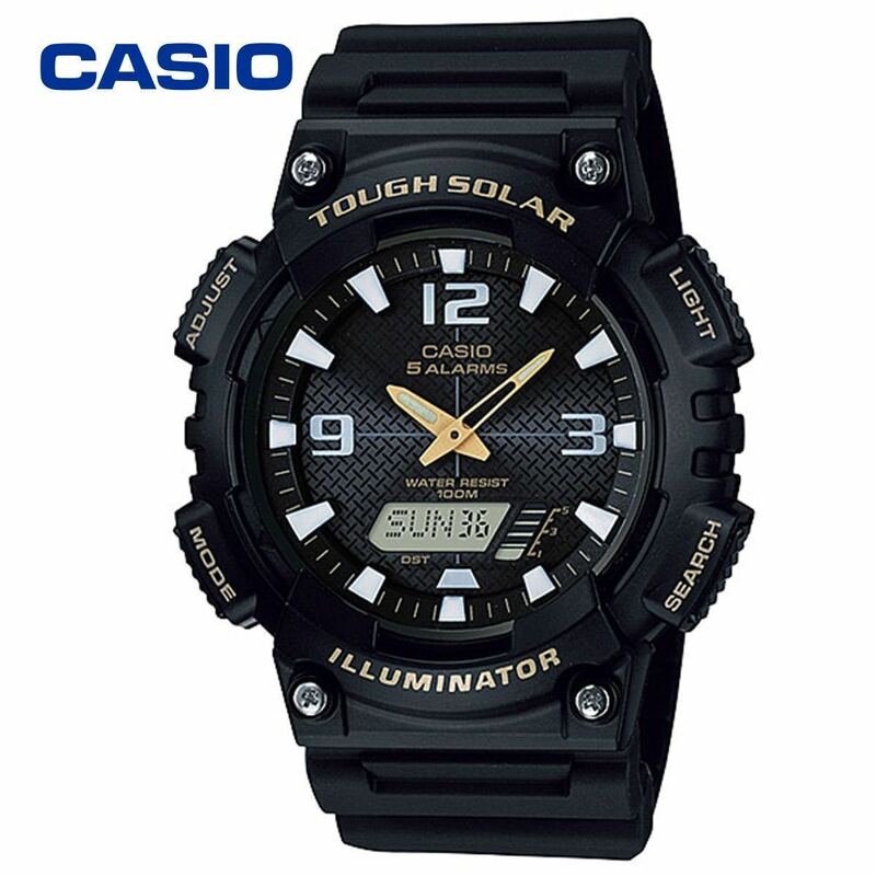 CASIO カシオ ソーラー アナログ デジタル AQS810 ブラック ゴールド 腕時計 メンズ 男性用 中学生 高校生 軽量 ストップウォッチ 防水