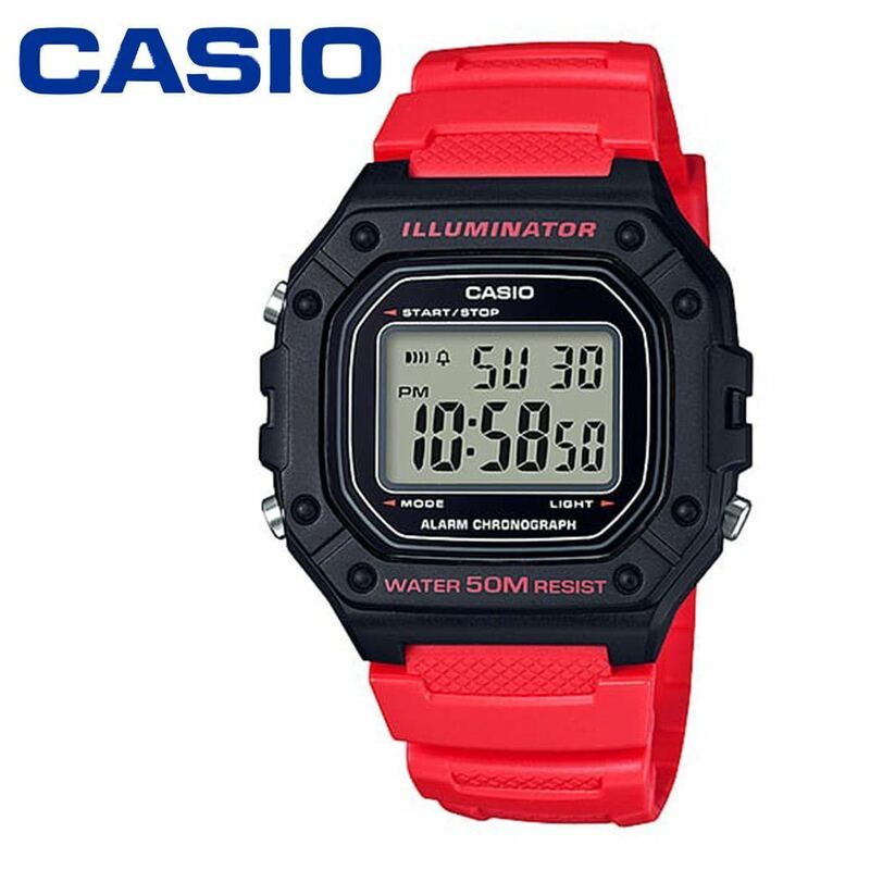 CASIO カシオ W218 レッド 赤 メンズ レディース キッズ 薄型 軽量 防水 スクエア デジタル 腕時計 子供用 男性用 女性用 アラーム