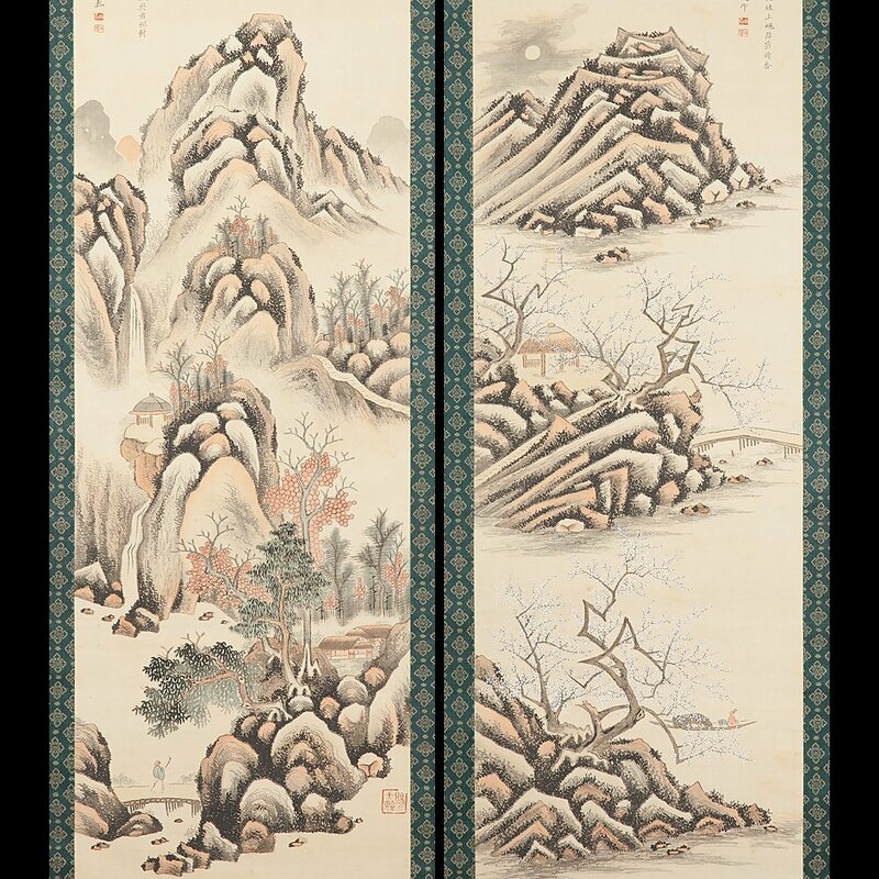 【五】文華 双幅 『春秋山水』 絹本 淡彩 掛軸 共箱