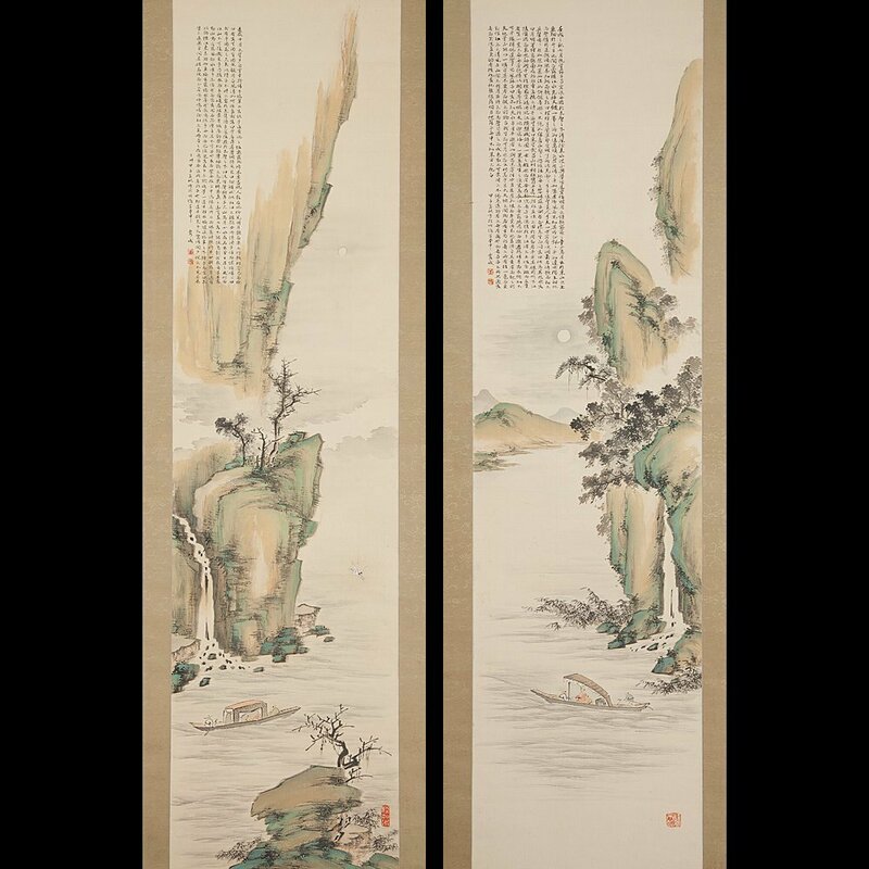 【五】松野霞城 双幅 『前後赤壁之図』 真作 絹本 彩色 掛軸 共箱