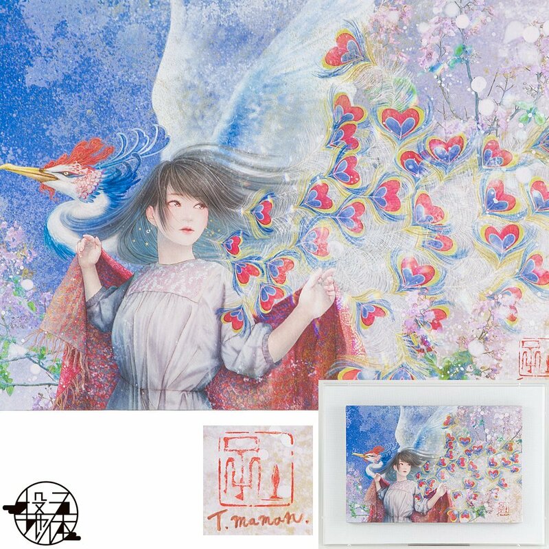 【五】真作 吉田ユミ 『吉報告げる風』 デジタルアート 手彩色 パネル 4号 直筆サイン 2021年 アクリル額付 ／ 一点物