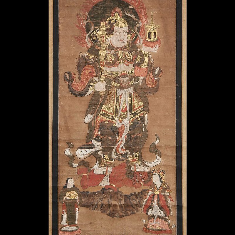【五】古仏画 『毘沙門天三尊像』 紙本 彩色 著色 肉筆 掛軸 箱付