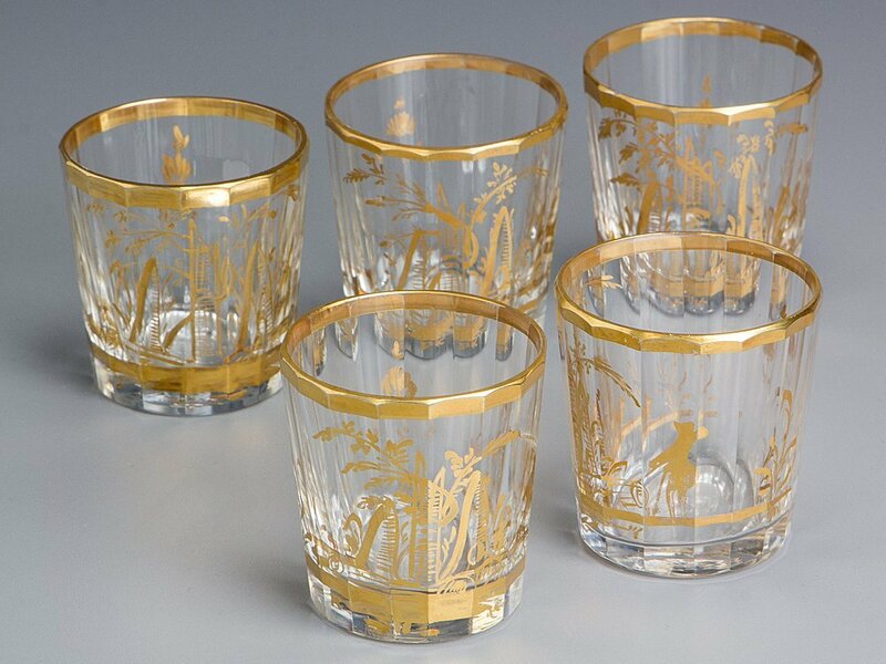 【五】アンティーク 金彩カットガラス グラス 5客 19世紀