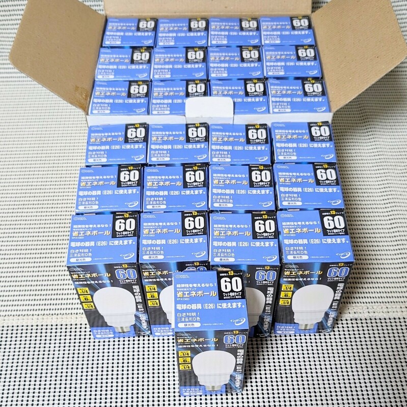 未使用保管品 OHM 電球形蛍光ランプ 省エネボール EFA13ED 25個 消費電力13ワットで60ワット電球タイプ 電球の器具（E26）に使える 昼光色