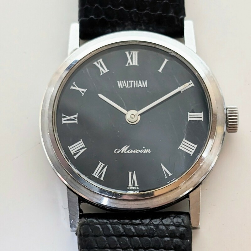 WALTHAM Maxim ウォルサム マキシム 手巻き機械式腕時計 2針 ブラック黒文字盤 不動 ジャンク扱い現状品
