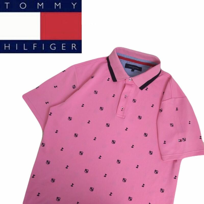 極美品 豪華刺繍 TOMMY HILFIGER GOLF 吸水速乾 ストレッチ モノグラム 半袖ポロシャツ メンズL トミーヒルフィガー ゴルフウェア 2405115