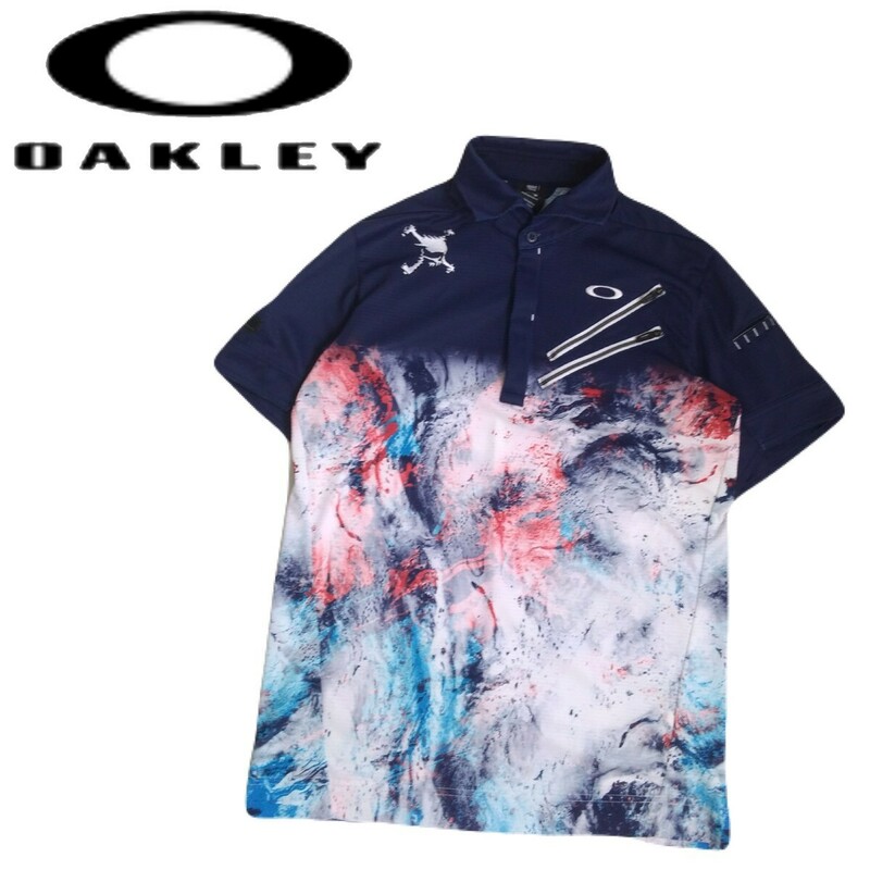 着用少 極美 近年新作 最高級 OAKLEY 吸水速乾 ストレッチ スカルロゴ タイダイ 半袖ポロシャツ メンズM オークリー ゴルフウェア 2405322