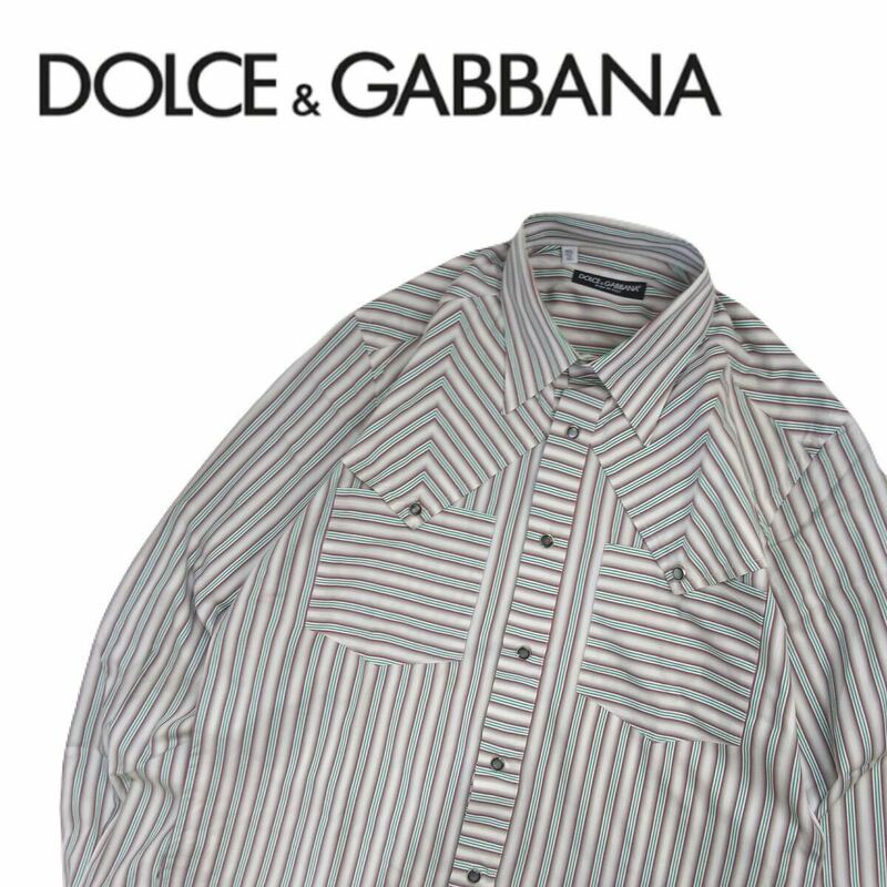未使用級 名作 イタリア製 DOLCE&GABBANA オンブレ ストライプ 総柄 長袖シャツ ウエスタンシャツ ドレスシャツ メンズ40 ドルガバ 2405343