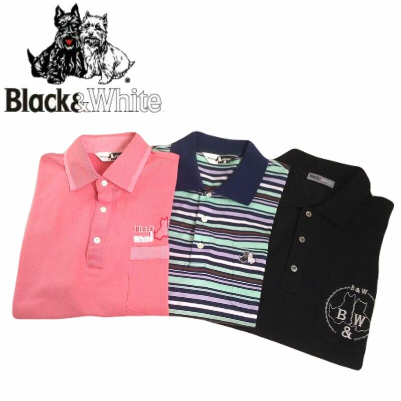 新品同様と極美品 豪華刺繍3点 BLACK&WHITE 吸水速乾 ストレッチ 鹿の子 半袖ポロシャツ メンズL ブラック&ホワイト ゴルフウェア 2405362