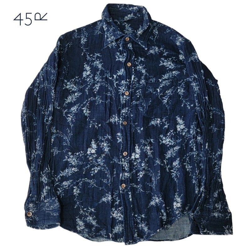 【極美品】藍染め フォーティファイブアール 45R 花柄 インディゴ染め ブラウス 3サイズ M～L 長袖シャツ