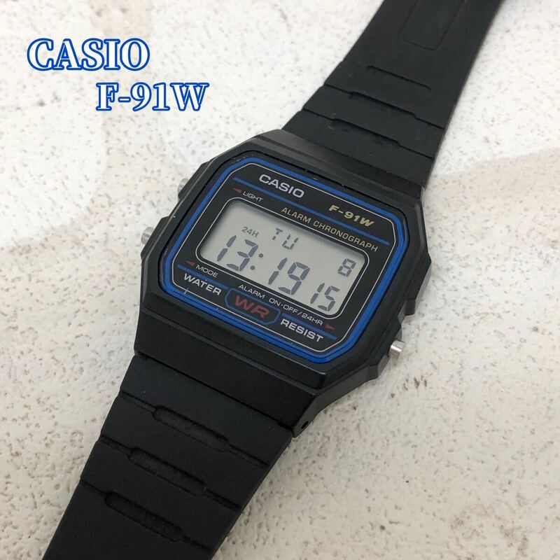 H■ CASIO カシオ 腕時計 F-91W チープカシオ チプカシ ブラック×ブルー デジタル ウォッチ 時計 日付 曜日 ラバーバンド 稼動品 