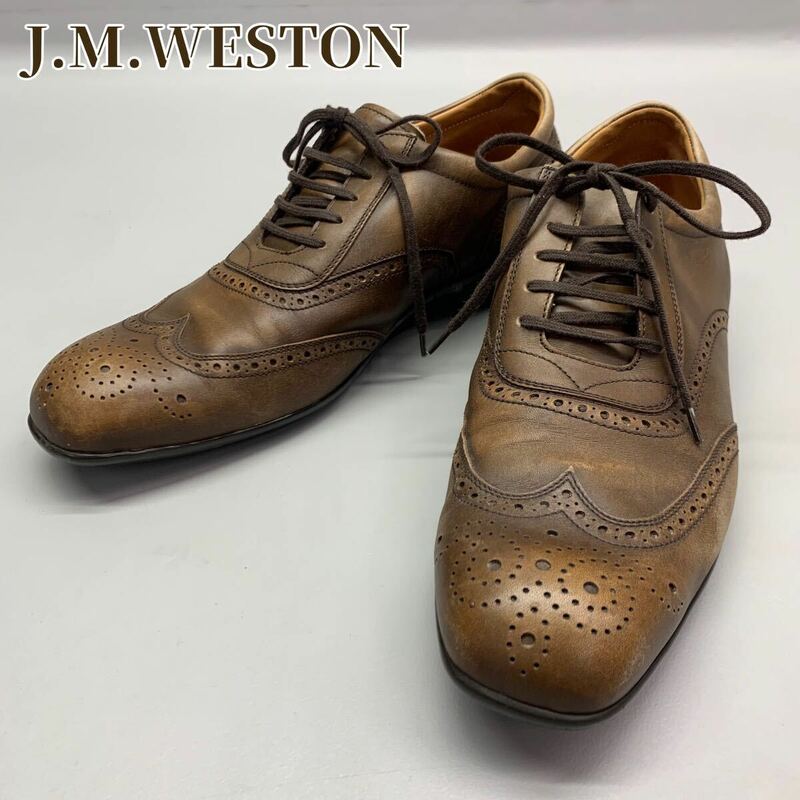 Y■③ J.M.WESTON ジェイエムウエストン ウィングチップ ビジネスシューズ サイズ6 1/2 E 保存袋付き ブラウン 茶 ドレスシューズ 革靴 