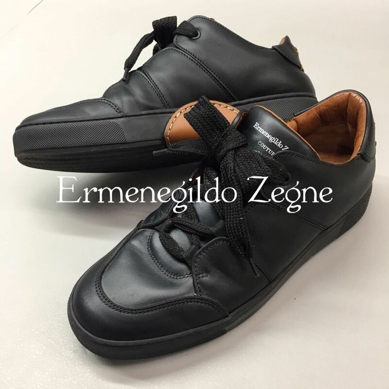 SU■ Ermenegildo Zegne エレメネジルドゼニア レザースニーカー 黒 ブラック サイズ61/2 メンズ 25.5cm相当 トリプルステッチ 靴 シューズ
