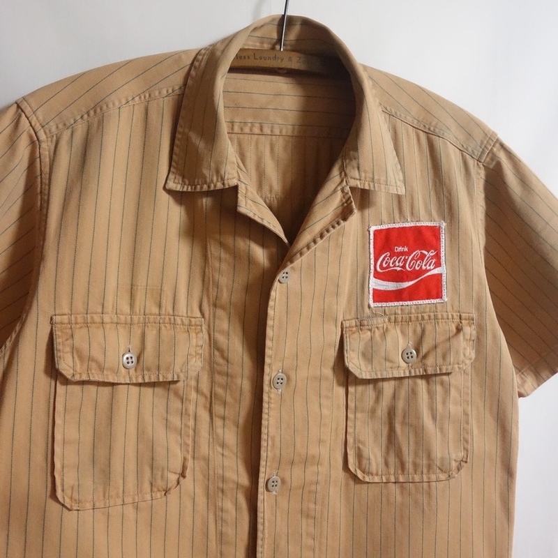 【TAIWA CO.,LTD.製 Coca Cola コカコーラ ストライプ ワークシャツ L】汚れあり 70's 80's ヘリンボーン ワッペン ビンテージ