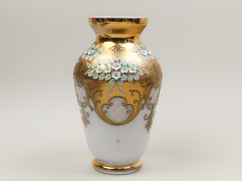 nQRF ボヘミアガラス ミルク ゴールド 乳白花瓶 30cm 飾り壺