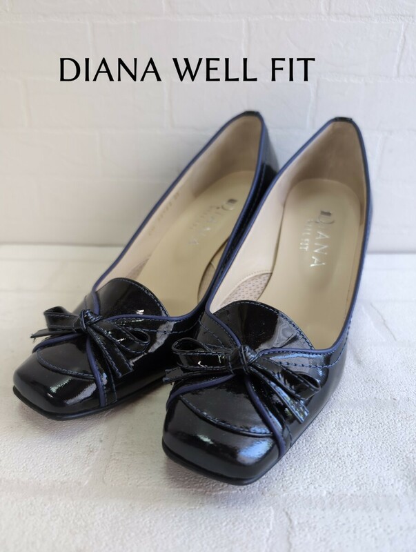 ダイアナ DIANA WELL FIT エナメル ハイヒール パンプス 23.0cm EE リボン ステッチ ブラック 黒 ヒール高さ6.5cm レディース シューズ