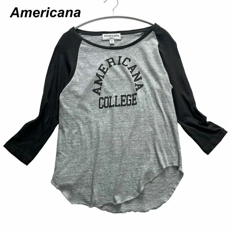 Americana アメリカーナ カレッジロゴ Tシャツ カットソー リンガーTロンT グレー チャコールグレー ラウンドカット 七分袖 フリーサイズ