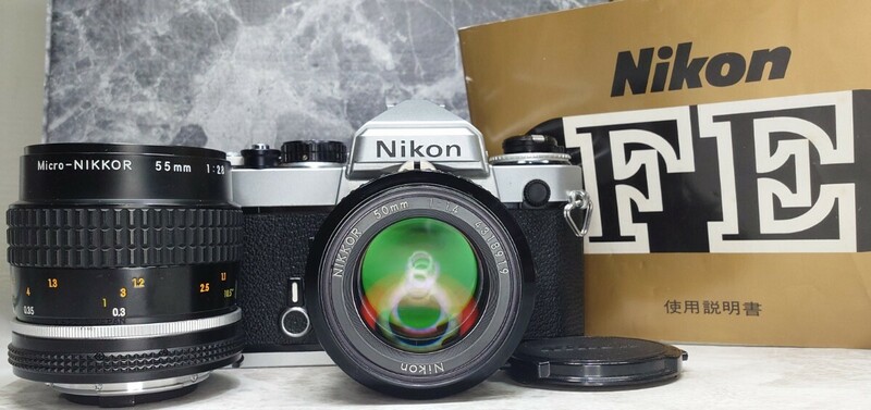 【終活整理】 Nikon FE＋Ai NIKKOR 50mm f1.4＋Micro-NIKKOR 55mm f2.8 マクロ 単焦点2本セット 各動作良好 露出計OK 光学良好 取扱説明書