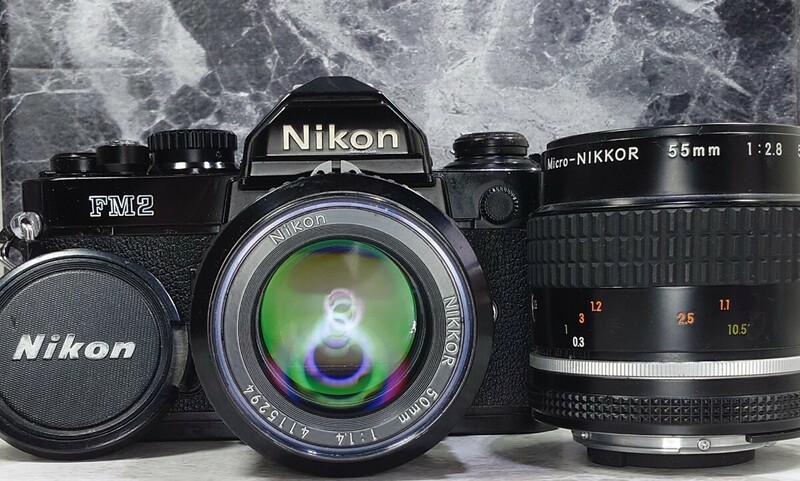 【終活整理】 Nikon FM2 黒＋Ai NIKKOR 50mm f1.4＋Ai-s Micro-NIKKOR 55mm f2.8 マクロ 単焦点2本セット 各動作良好 露出計OK 光学良好