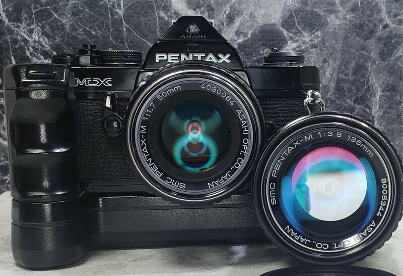 【終活整理】PENTAX MX 黒＋M 50mm f1.7＋M 135mm f3.5 単焦点2本セット＋純正ワインダー 各動作良好 露出計OK 光学良好 連写OK 機械式一眼