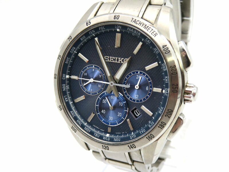 1円◆稼働◆ セイコー 8B92-0AB0 ブルー ソーラー メンズ 腕時計 N11101