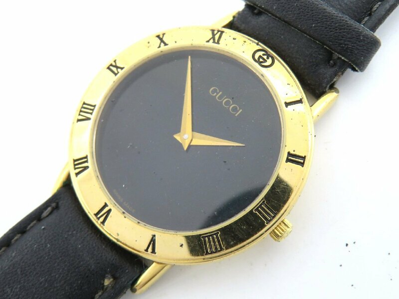 1円◆稼働◆ グッチ 3000.2.M ブラック クオーツ ユニセックス 腕時計 N14602
