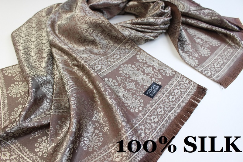 新品【SILK シルク100%】ペイズリー 幾何学柄 大判 薄手 ストール/スカーフ ブラウン系 シャンパンゴールド