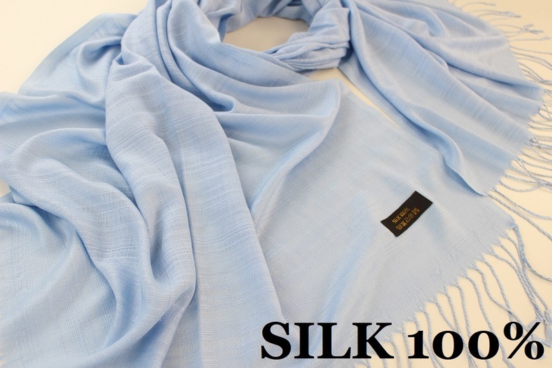 新品【SILK シルク100%】無地 Plain 大判 薄手 ストール I.BLUE 水色 アイスブルー系