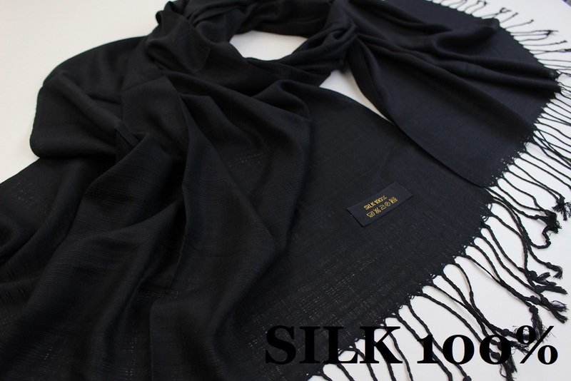 新品【SILK シルク100%】無地 Plain 大判 薄手 ストール BLACK 黒 ブラック