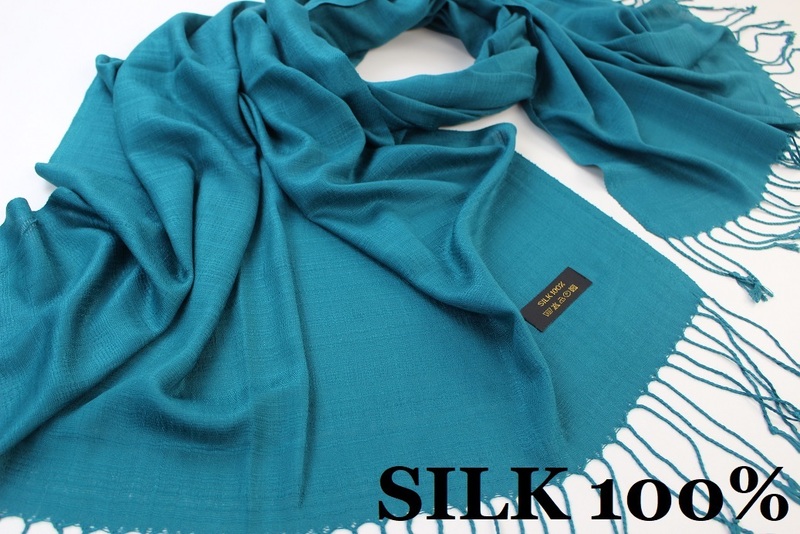 新品【SILK シルク100%】無地 Plain 大判 薄手 ストール B.GREEN 青緑 ブルーグリーン系