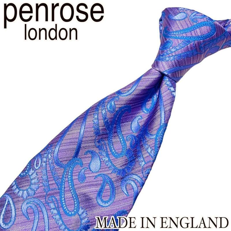 【新品 英国製】PENROSE ペンローズ ネクタイ 大柄 ペイズリー パープル 紫 ブルー 青 MADE IN ENGLAND