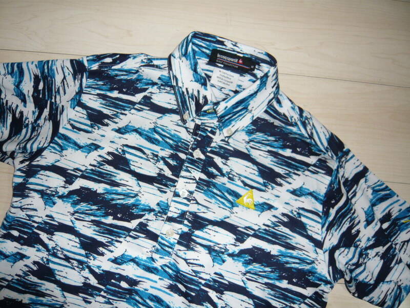 ルコックゴルフ　Mサイズ　ボタンダウン半袖ポロシャツ　QGMLJA04　ネイビーｘブルーｘホワイト系　中古良品