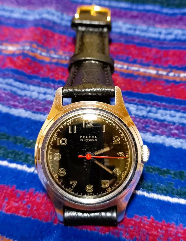 ZELCON 17 JEWELS SWISS MADE 　１９６０年～１９７０年代　ブラック文字盤　手巻き腕時計　稼働　社外品新品ベルト付