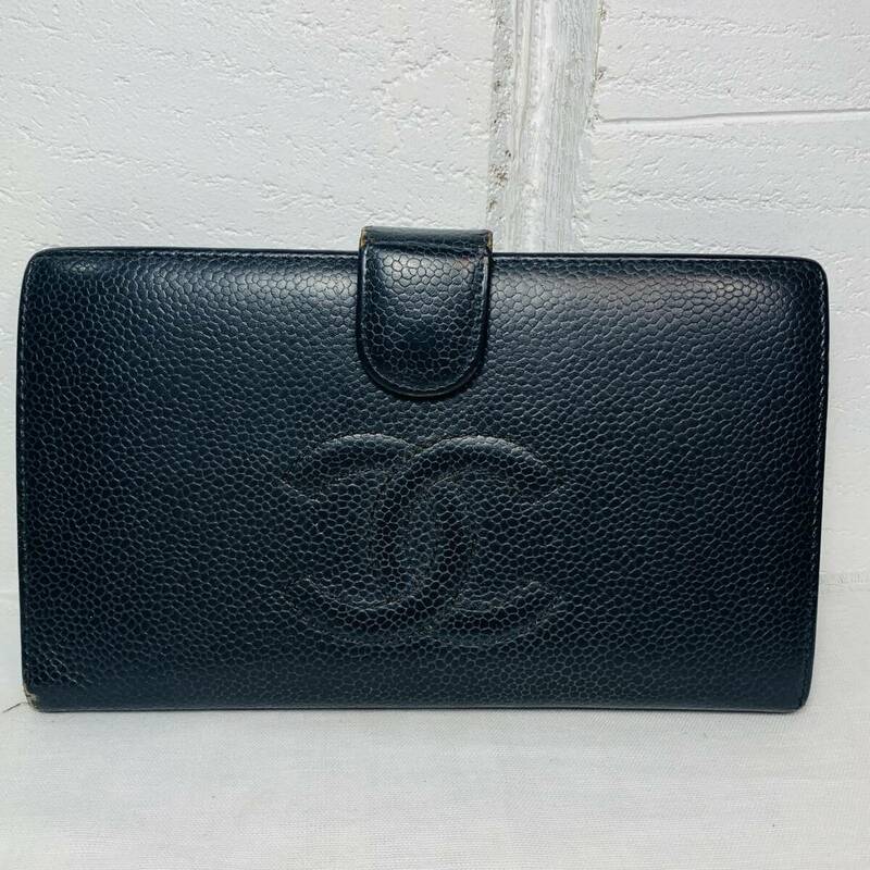 CHANEL シャネル キャビアスキン ココマーク がま口 長財布 ブラック レディース ウォレット USED品