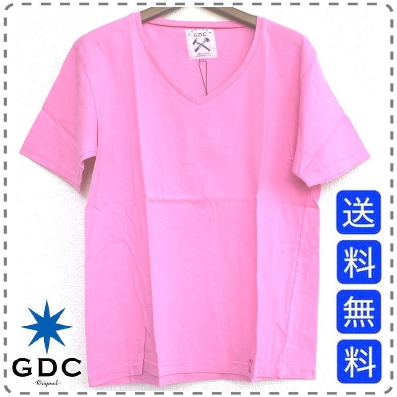 GDC ジーディーシー 日本製 綿100% コットン 半袖VネックTシャツ 薄手 男女兼用 ユニセックス メンズMサイズ ピンク 送料無料 A432