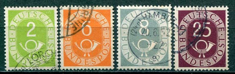 1033◇西ドイツ　1951年　郵便ホルン　4種　済