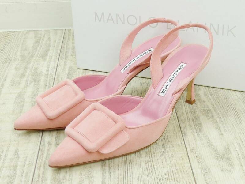 Manolo Blahnik マノロブラニク 22SS MAYSLI スエードパンプス ピンク38 美品 バックスリング ミュール スクエアバックル マノロ