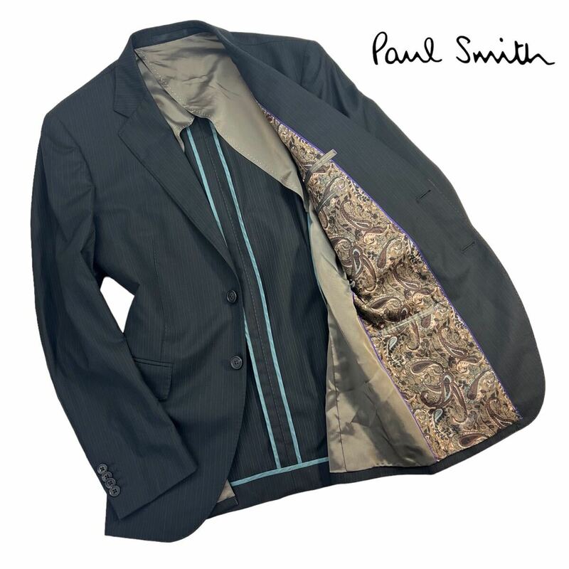 極美品 Paul Smith LONDON ポールスミス 2Bテーラードジャケット サイズL 黒寄りのグレー ストライプ柄 美シルエット 裏地総柄 A2465