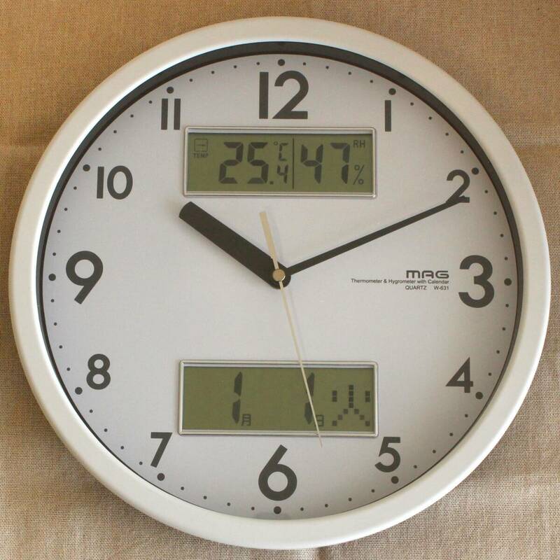 ［KO］ノア精密 MAG 掛け時計 W-631WH アナログ 静音 連続秒針 温度 湿度 日付 曜日表示 ホワイト　白　カレンダー　